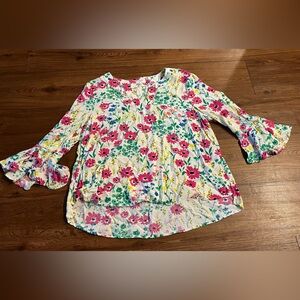 Crown & Ivy Floral V-Neck Long Sleeve Blouse - White with Pink & Green Flowers